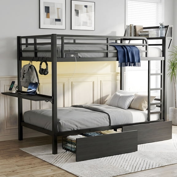 Miniyam Twin XL Over Twin XL Bunk Bed with Foldable Desk, Charging Station, 2 Drawers and LED Light, Metal Bed Frame, Black