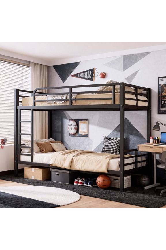 Twin XL Over Twin XL Metal Bunk Bed with Guardrails, Noise-free & Under-Bed Storage,Black