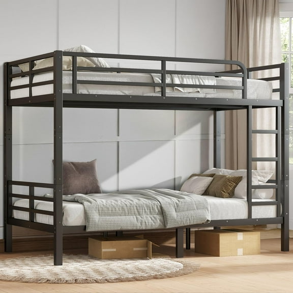 Miniyam Twin XL Over Twin XL Metal Bunk Bed with Top & Bottom Guardrails, Side Ladder, Quiet Metal Slats, Black