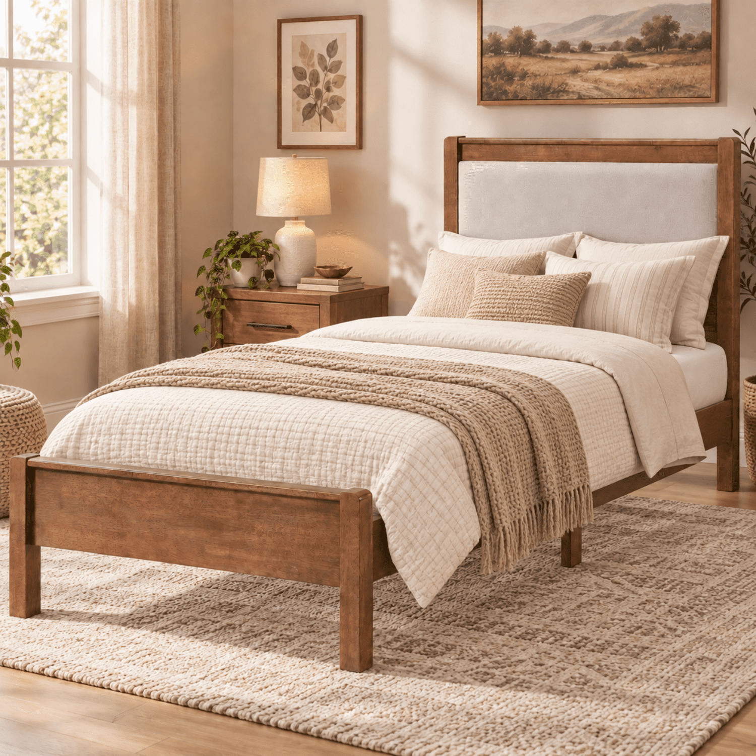 Miniyam Twin XL Rubberwood Platform Bed Frame with Padded Upholstered Headboard, Brown