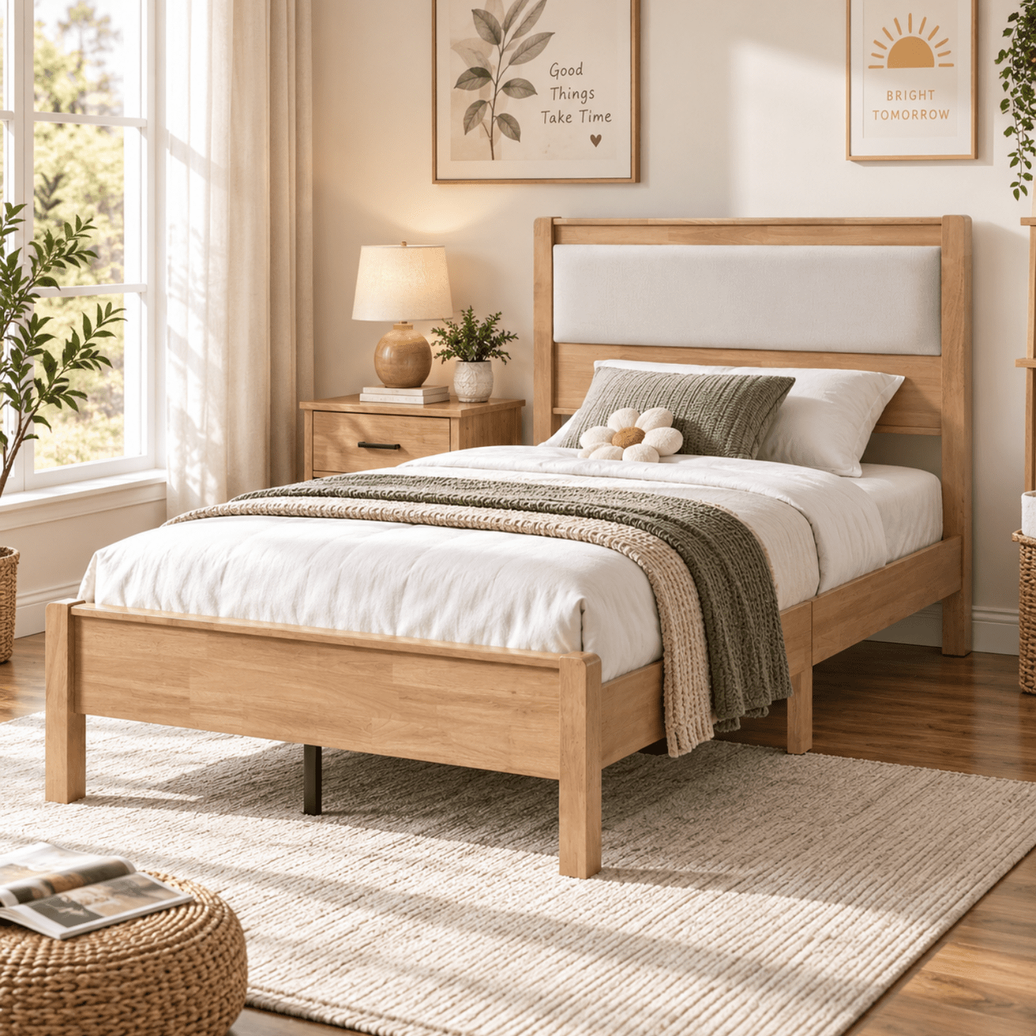 Miniyam Twin XL Rubberwood Platform Bed Frame with Padded Upholstered Headboard, Natural