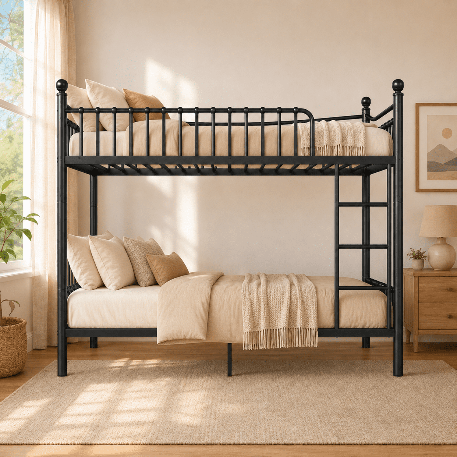 Miniyam Twin XL over Twin XL Metal Bunk Bed Frame with Curved Guardrails and Ladder, Space Saving Design, Black
