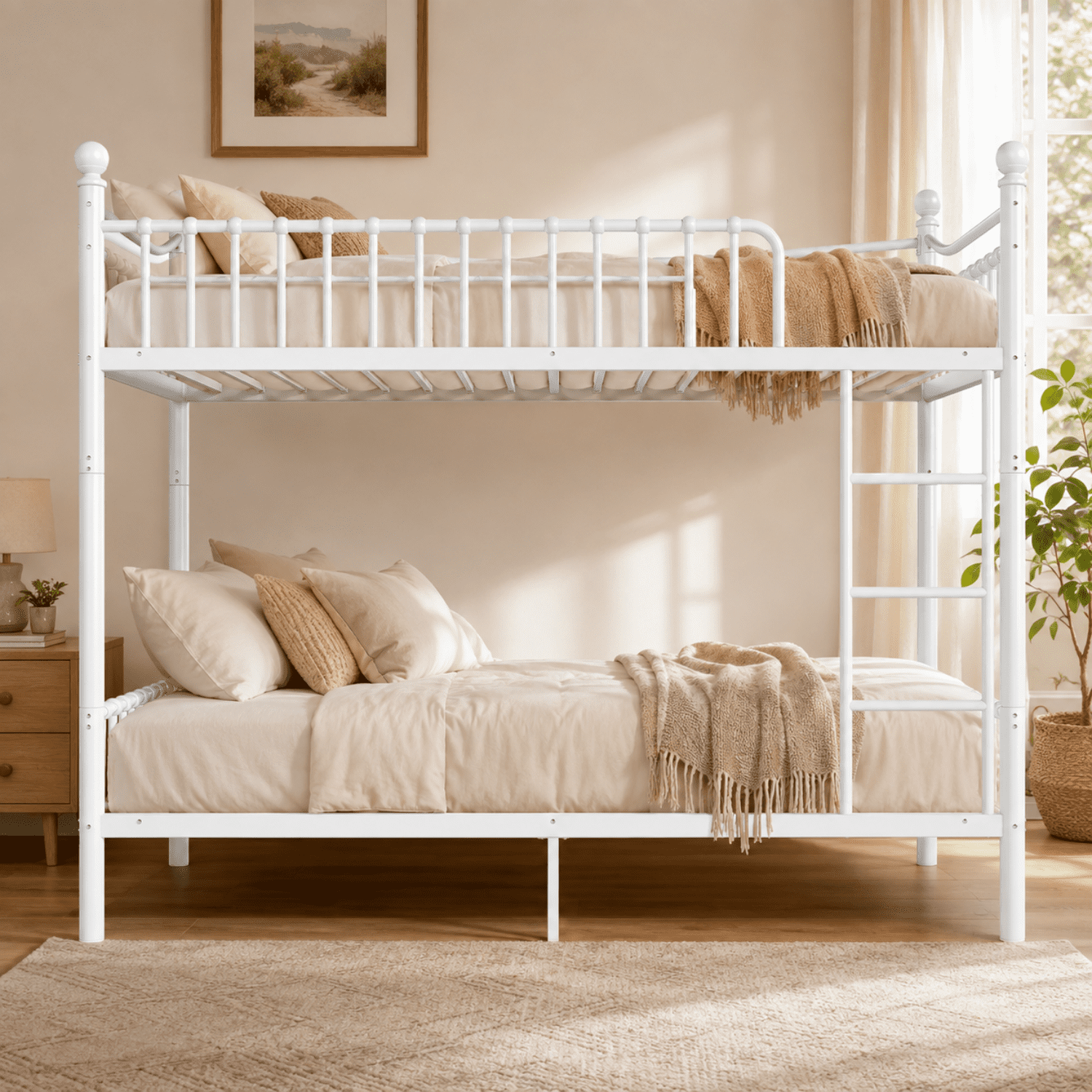 Miniyam Twin XL over Twin XL Metal Bunk Bed Frame with Curved Guardrails and Ladder, Space Saving Design, White