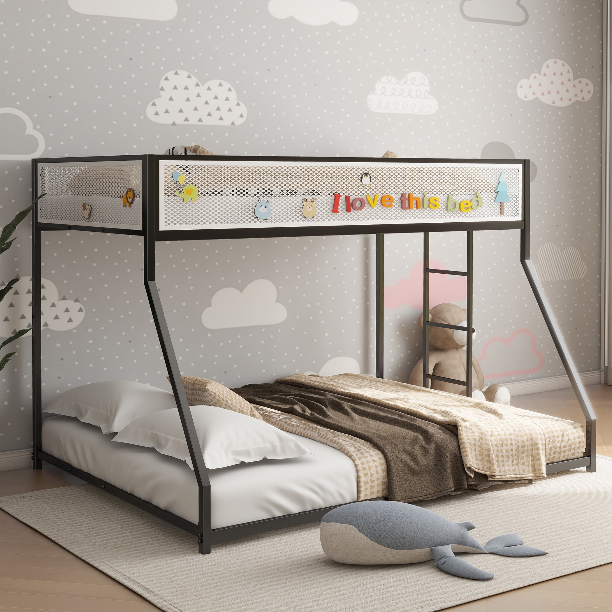 Miniyam Twin over Full Bunk Bed with Mesh Guardrail for Kids and Teens, Black