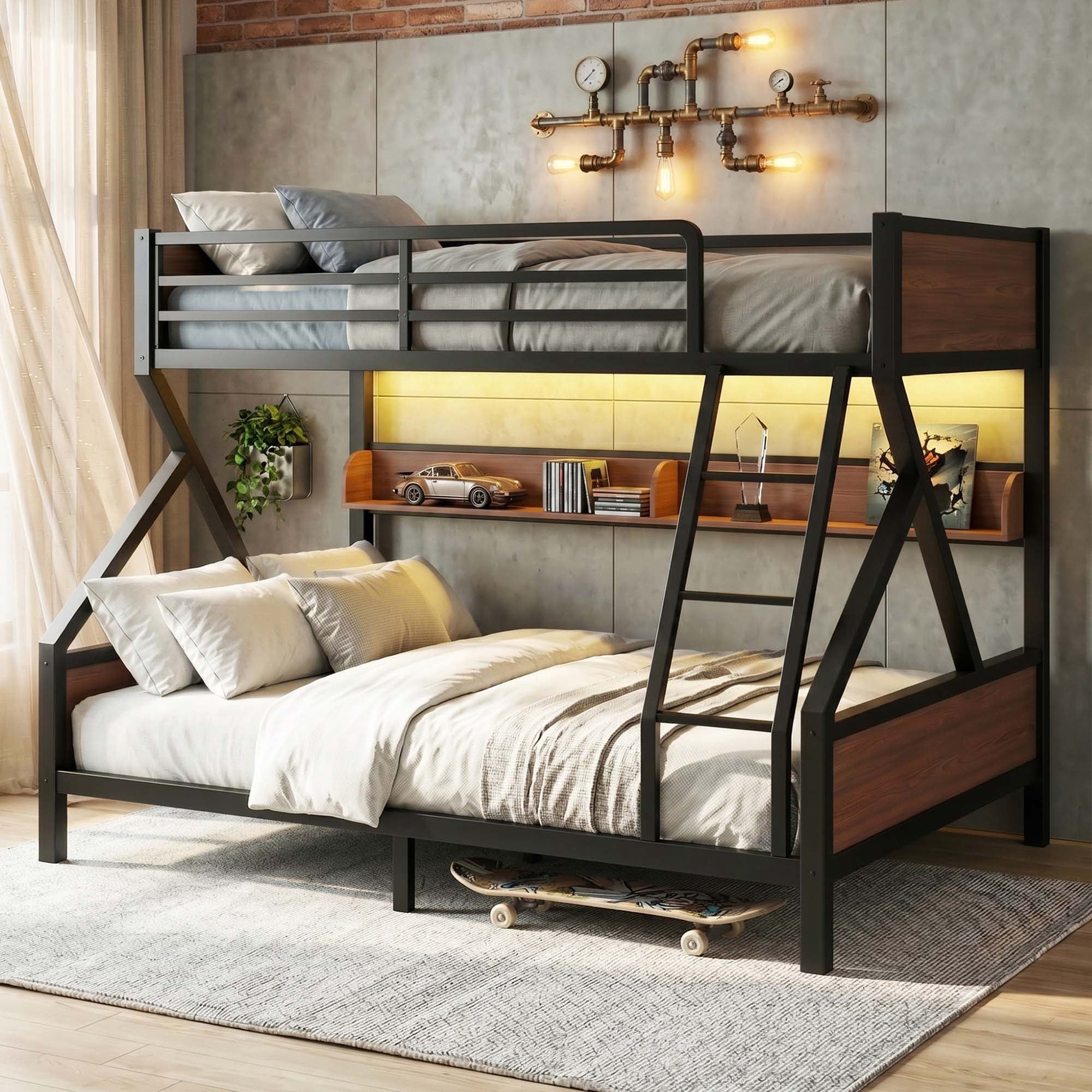 Miniyam Twin over Full Bunk Bed with Storage Shelf and LED Light, Metal & Wood Frame, Black