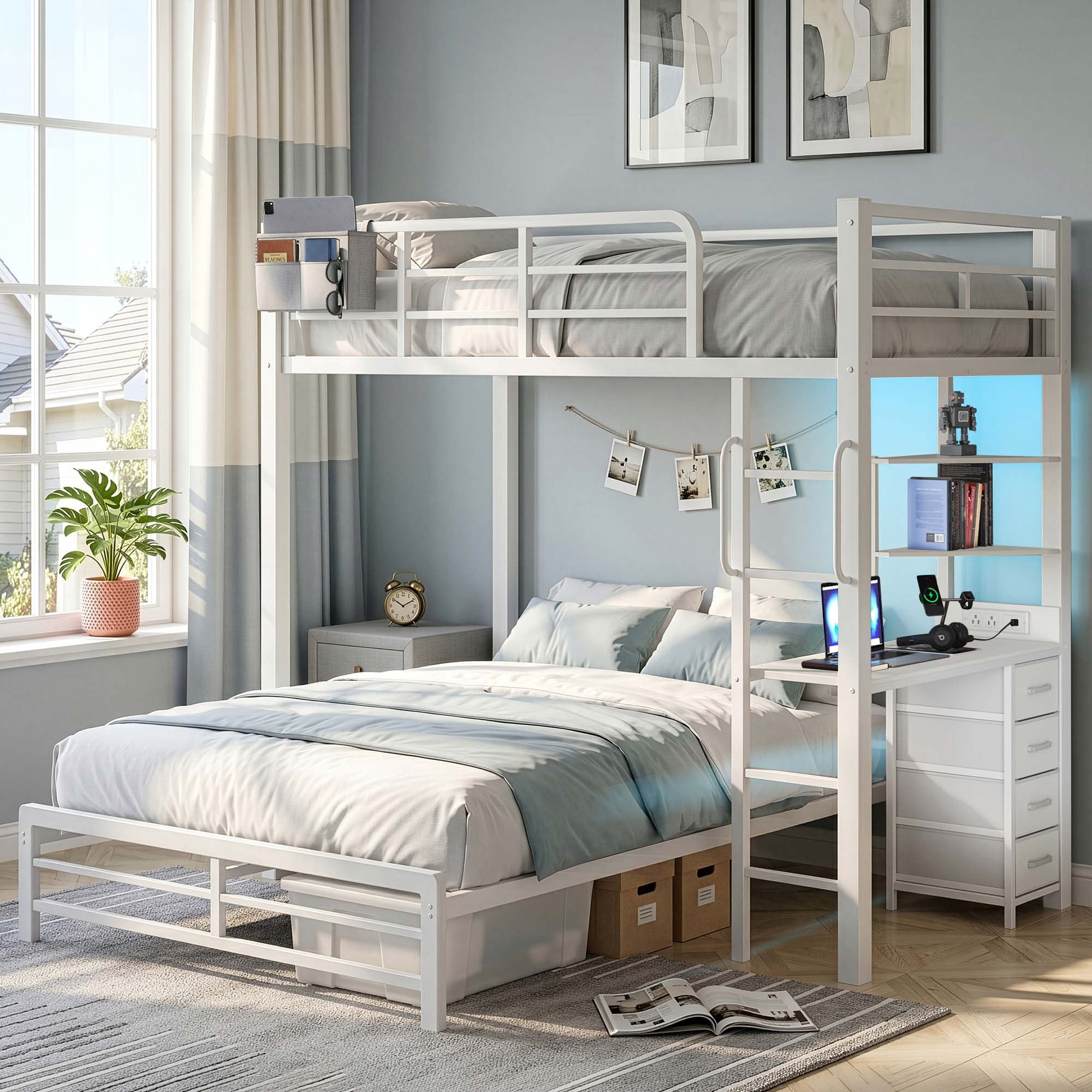 Miniyam Twin over Full Metal Bunk Bed with Desk and Storage, White