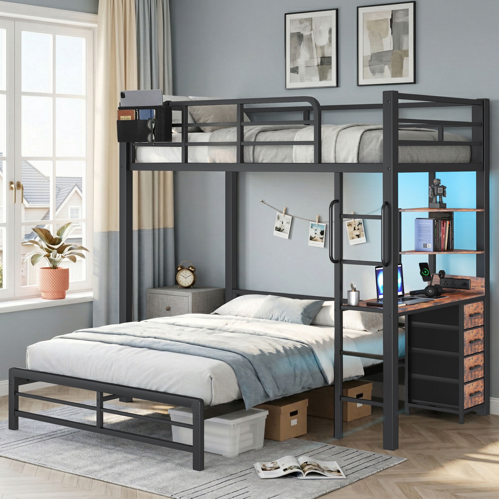 Miniyam Twin over Full Metal Bunk Bed with Desk and Storage, White