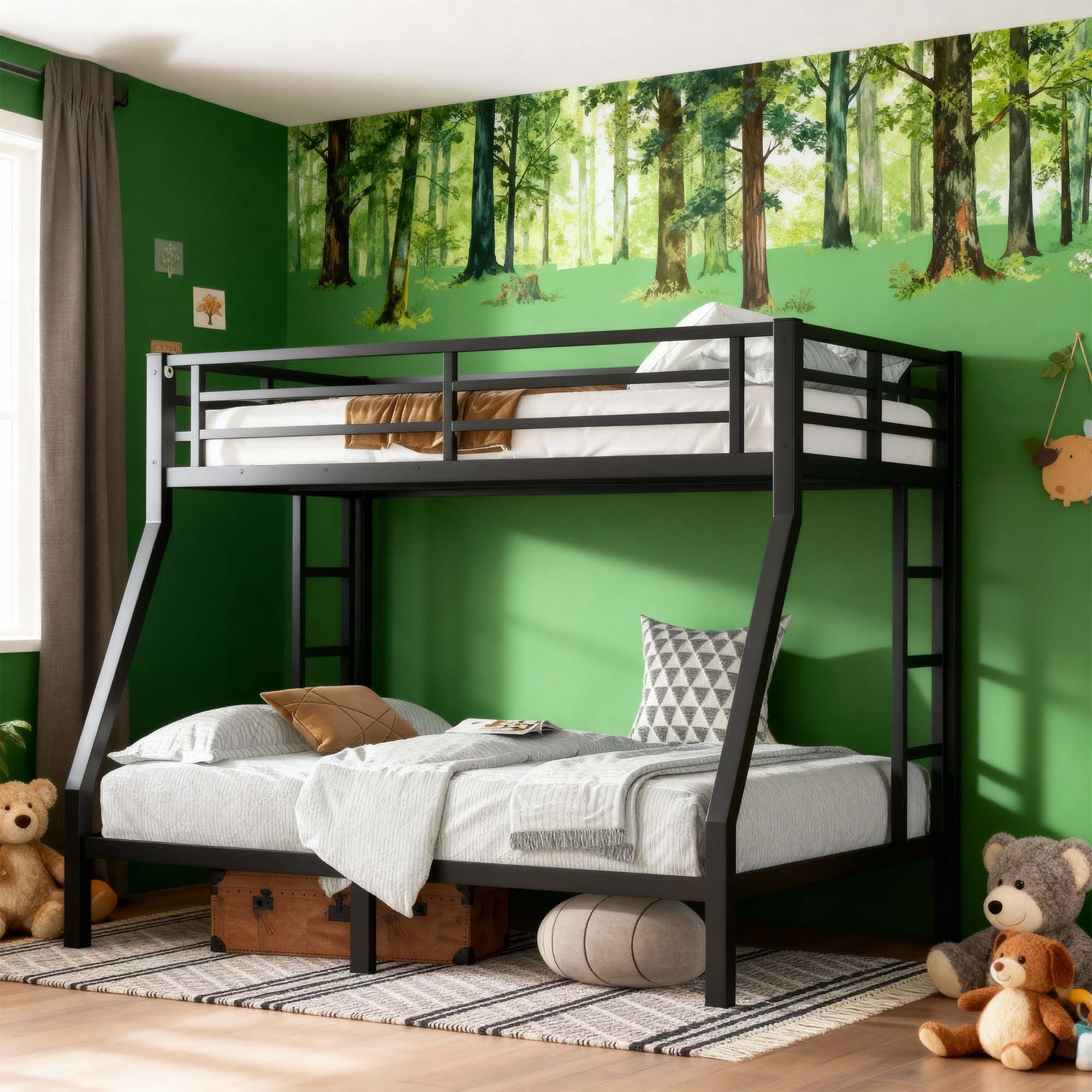 Miniyam Twin over Full Metal Bunk Bed with Guardrail, Dual Ladders, Quiet Slat Support, Under-Bed Storage, Black