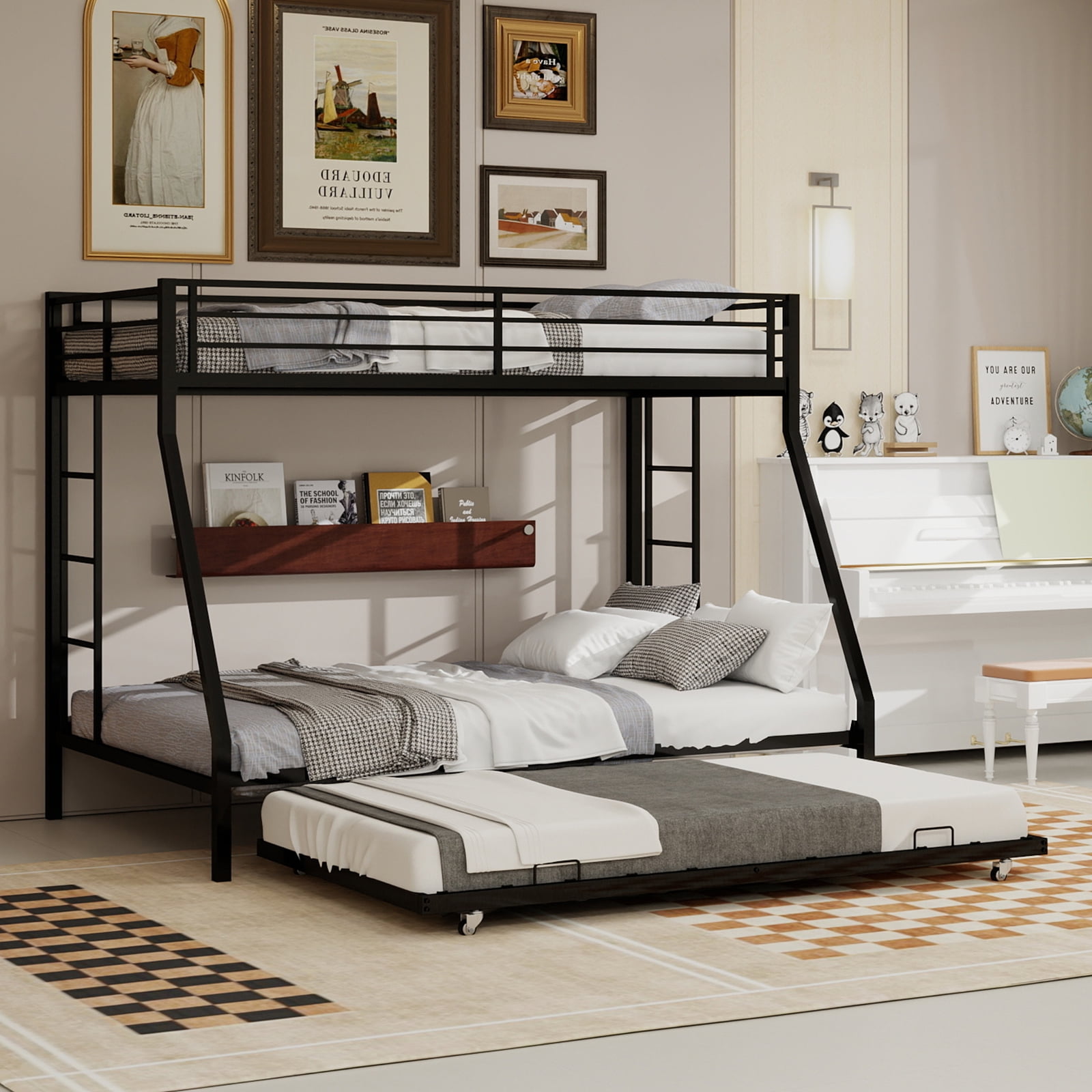 Miniyam Twin over Full Metal Bunk Bed with Trundle, Square Tube Frame, Space Saving Bunk Bed with Ladder, Black
