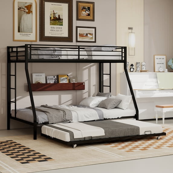Miniyam Twin over Full Metal Bunk Bed with Trundle, Square Tube Frame, Space Saving Bunk Bed with Ladder, Black