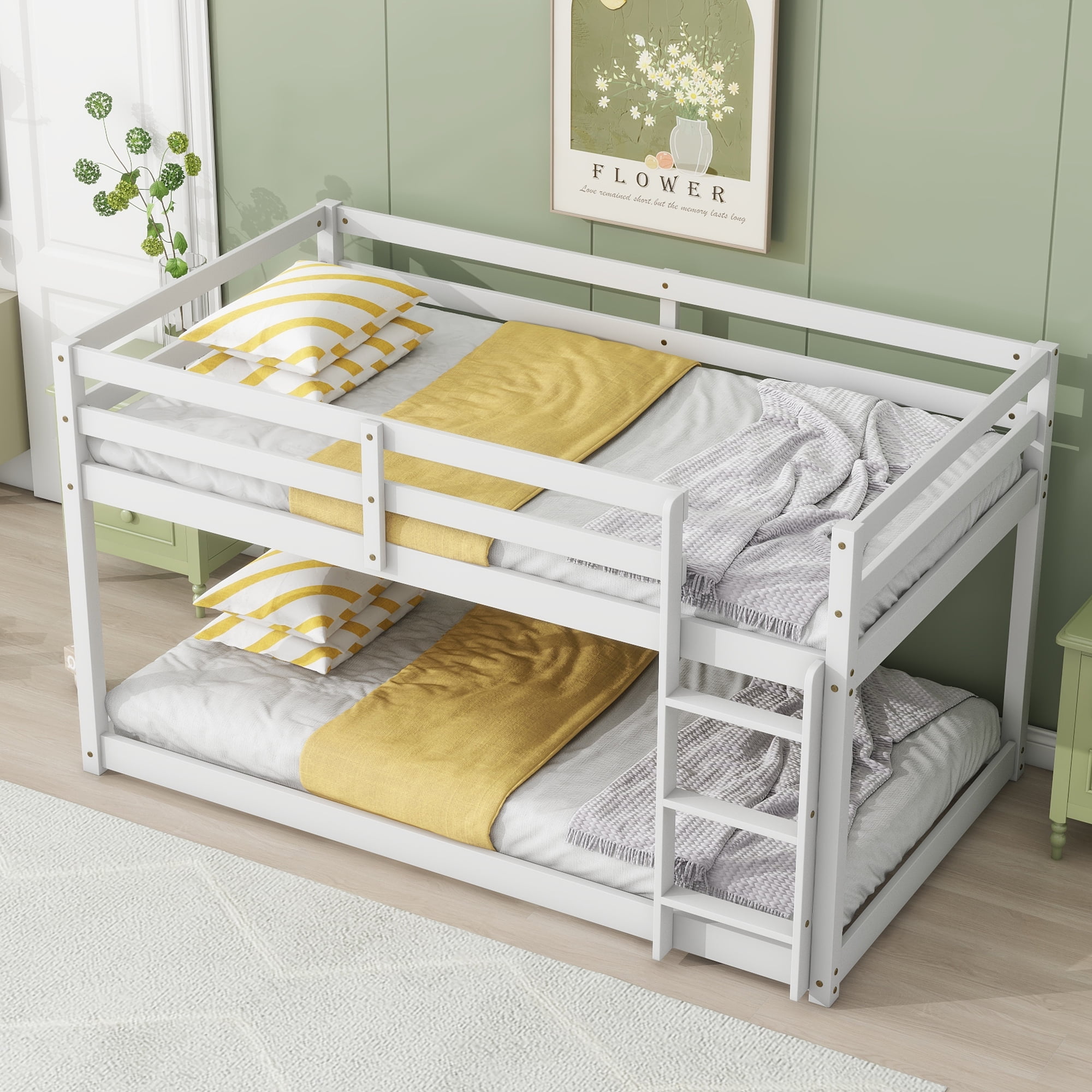 Miniyam Twin over Twin Bunk Bed with Ladder for Kids and Teens, Classic White