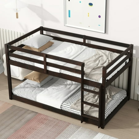 Miniyam Twin over Twin Bunk Bed with Ladder for Kids and Teens, Dark Walnut