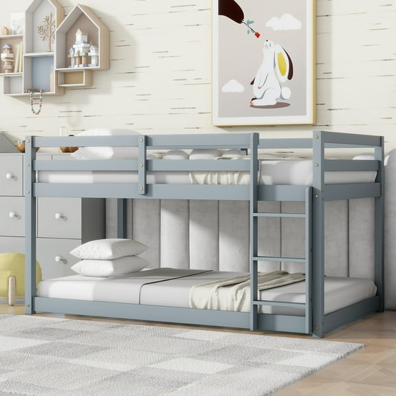 Miniyam Twin over Twin Bunk Bed with Ladder for Kids and Teens, Light Gray