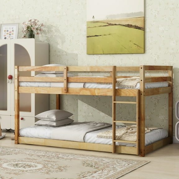 Miniyam Twin over Twin Bunk Bed with Ladder for Kids and Teens, Light Oak