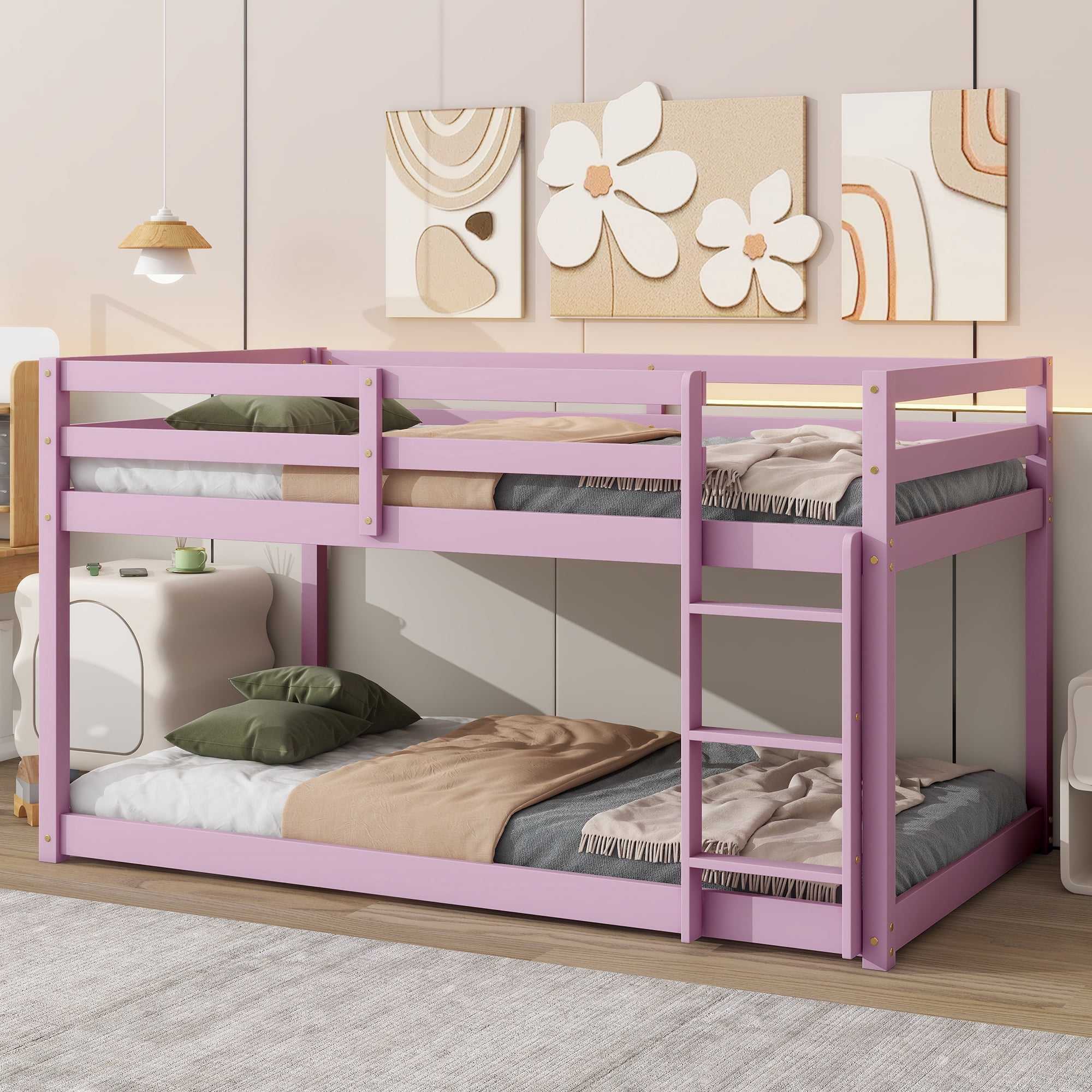 Miniyam Twin over Twin Bunk Bed with Ladder for Kids and Teens, Light Pink