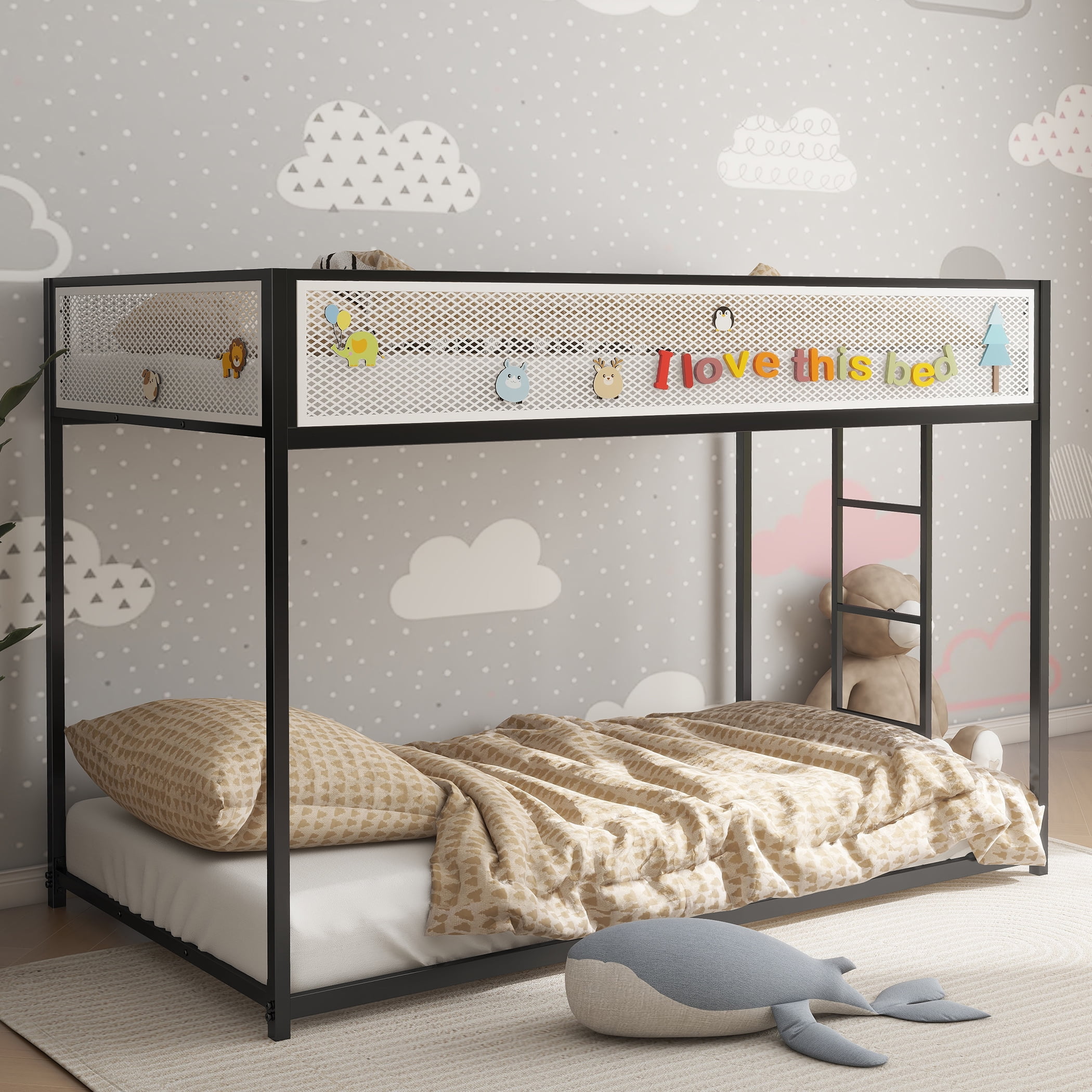 Miniyam Twin over Twin Bunk Bed with Mesh Guardrail for Kids and Teens, Black
