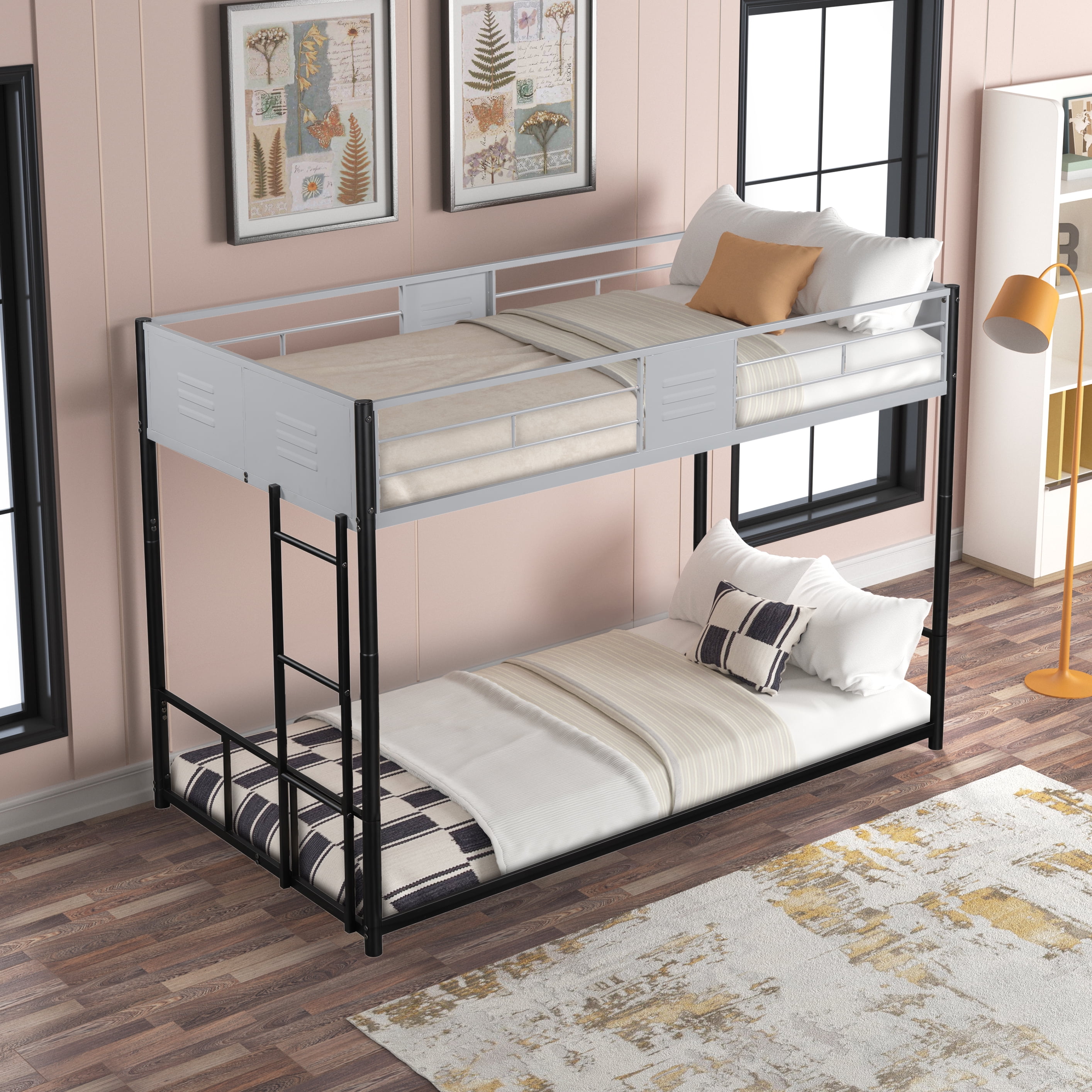 Miniyam Twin over Twin Bunk Bed with Safety Guardrail for Kids, Gray