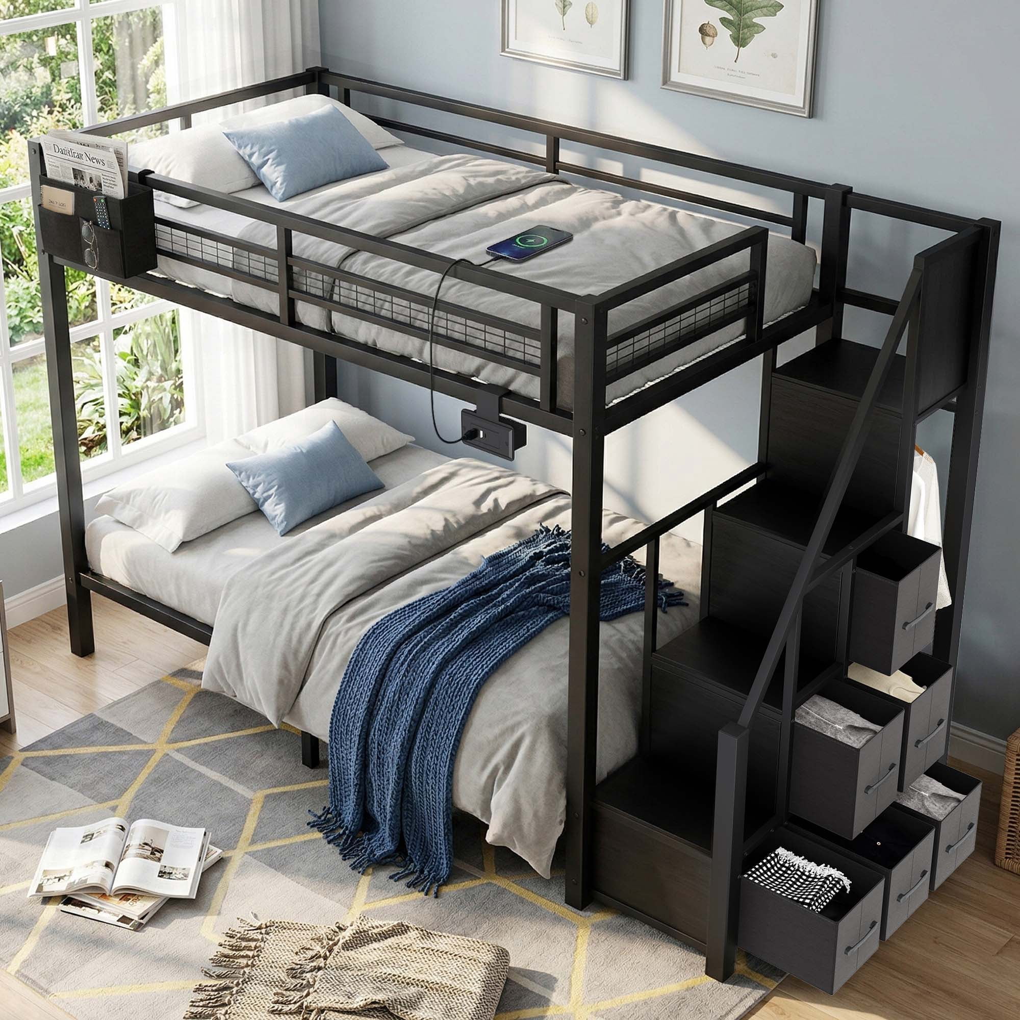 Miniyam Twin over Twin Bunk Bed with Storage Stairs and 6 Drawers, Black