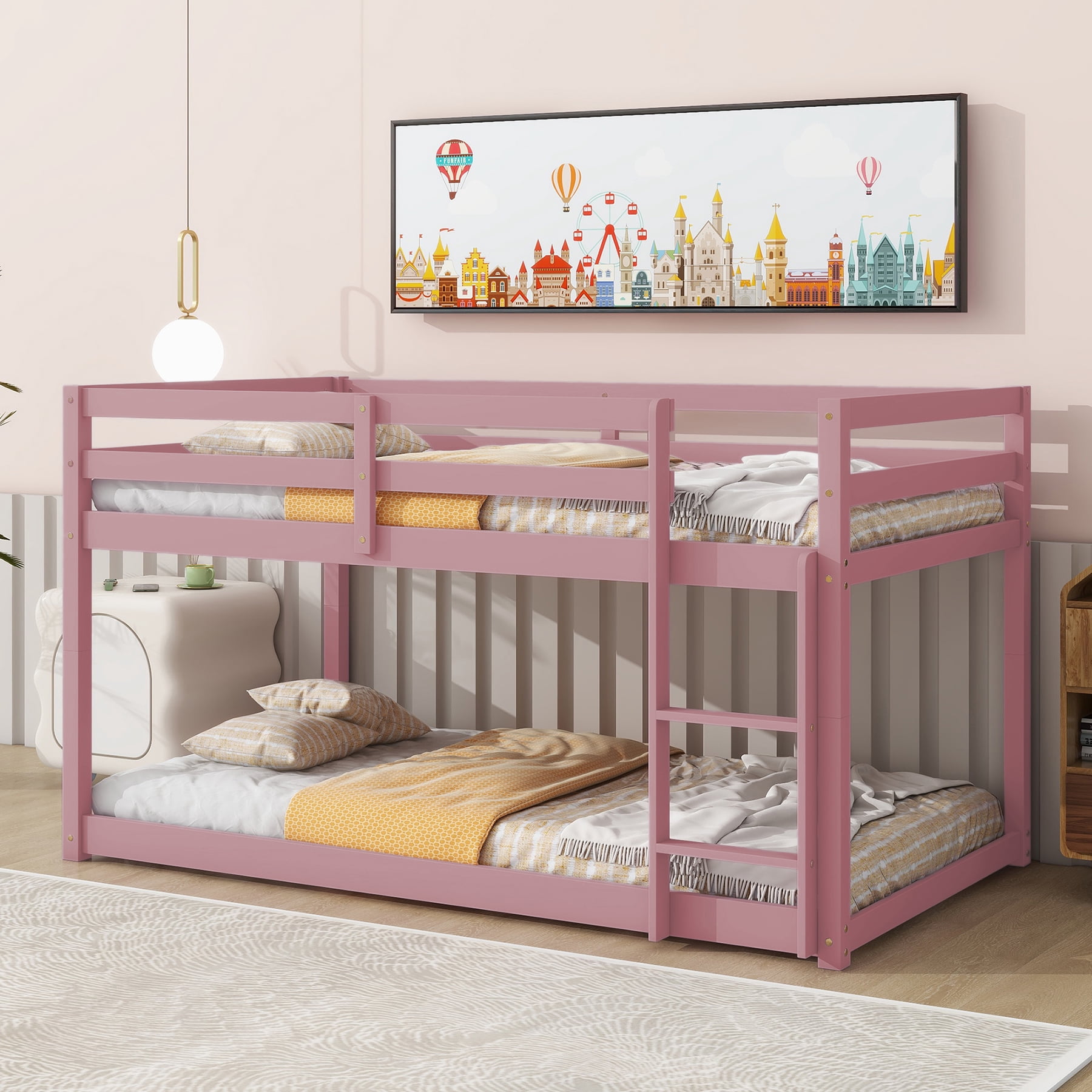 Miniyam Twin over Twin Low Bunk Bed for Kids, Pink