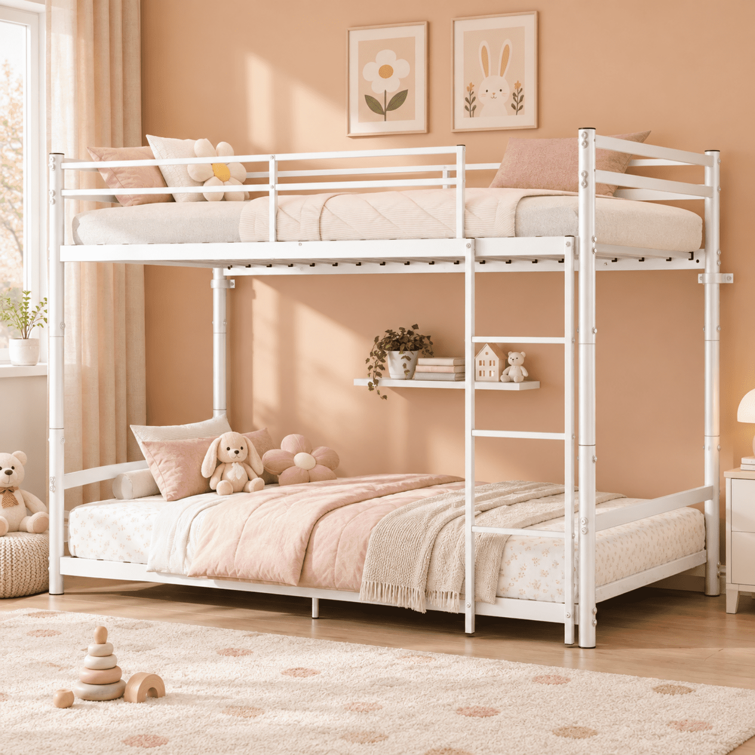 Miniyam Twin over Twin Metal Bunk Bed, Convertible to 2 Twin Beds with Guardrail, White