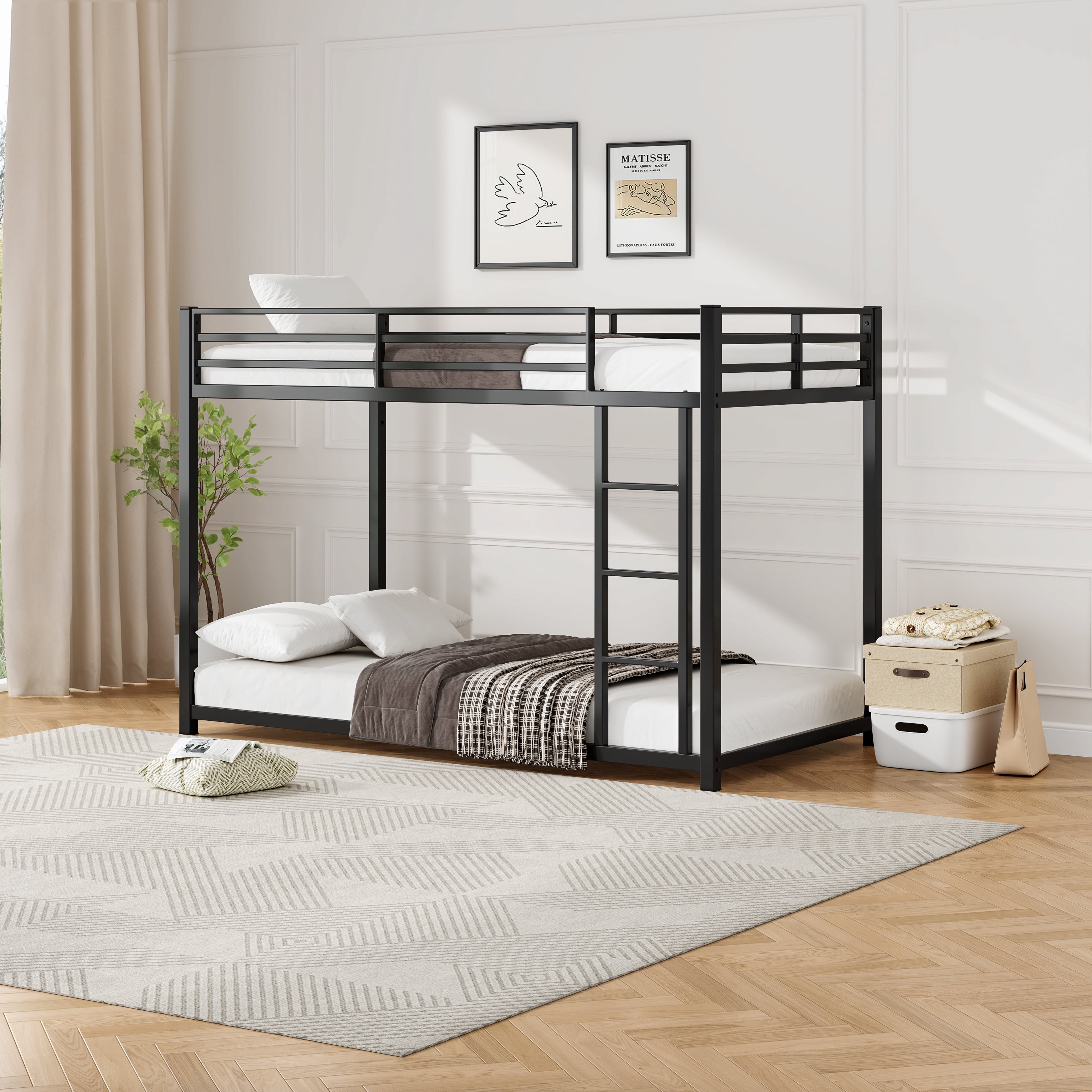 Miniyam Twin over Twin Metal Bunk Bed for Kids with Ladder and Safety Guardrails, Space-Saving Powder-Coated Steel Frame, Black