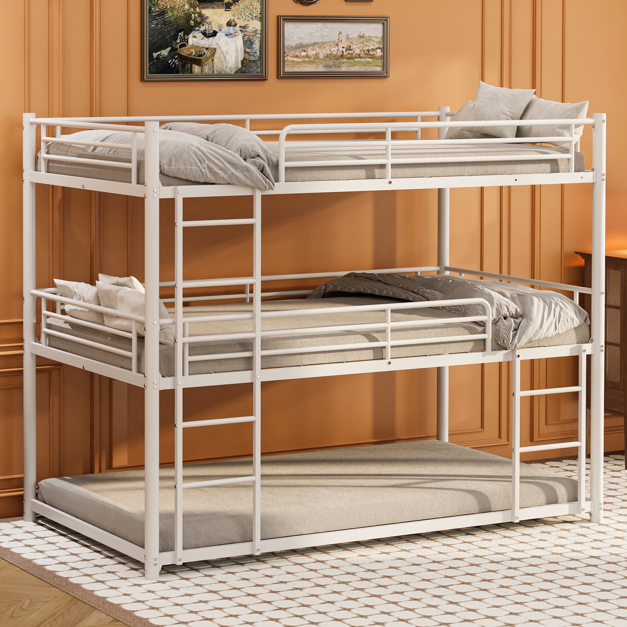 Miniyam Twin over Twin over Twin Metal Bunk Bed with Ladder and Guardrails, Steel Space-Saving Bed for Kids, White