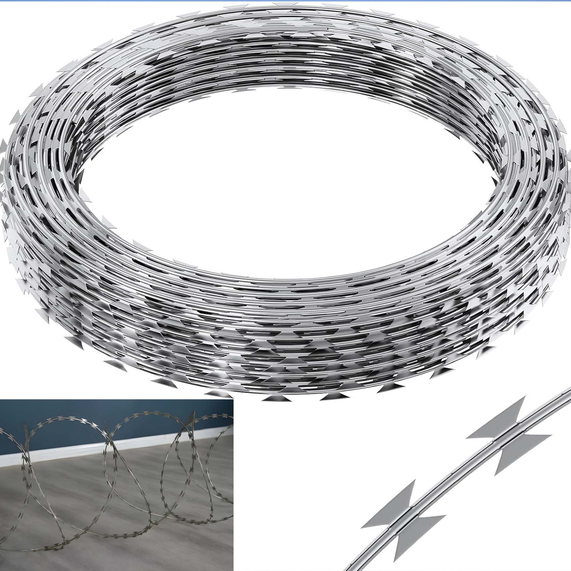 Miniyam Ultimate Anti-Climb Security Razor Wire - 50ft Galvanized Steel Coil with 18" Diameter for Walls, Roof & Perimeter (Double Wire)