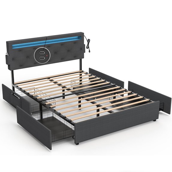 Miniyam Upholstered Full Size Bed with USB Charging Station, LED Lights, Storage Drawers, Dark Gray