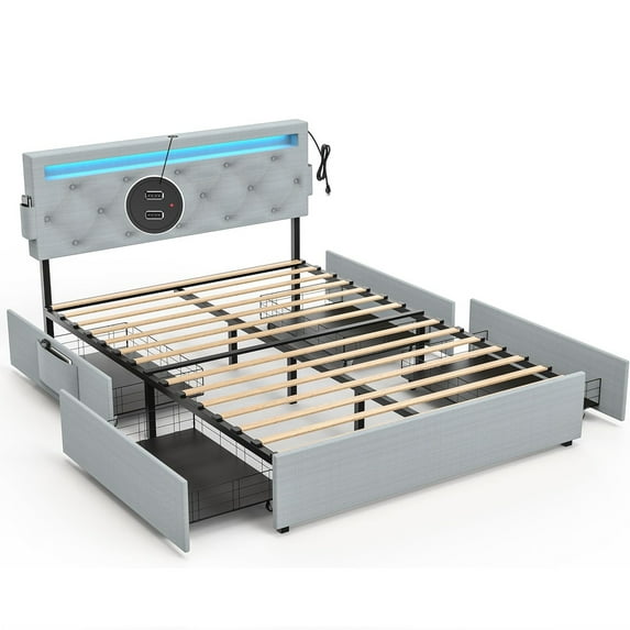 Miniyam Upholstered Full Size Bed with USB Charging Station, LED Lights, Storage Drawers, Light Gray