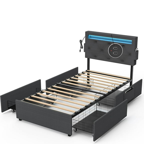 Miniyam Upholstered Twin Size Bed with USB Charging Station, LED Lights, Storage Drawers, Dark Gray