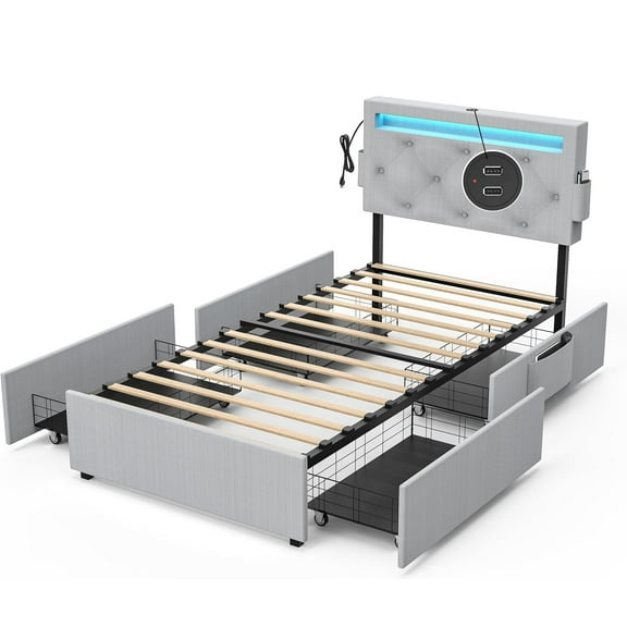 Miniyam Upholstered Kids Twin Size Bed with USB Charging Station, LED Lights, Storage Drawers, Light Gray