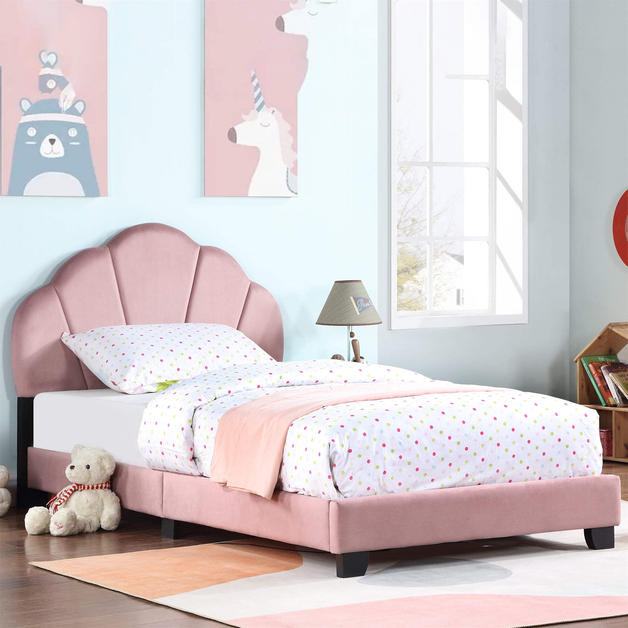 Miniyam Upholstered Twin Size Platform Bed for Kids, Shell Design, Pink ...