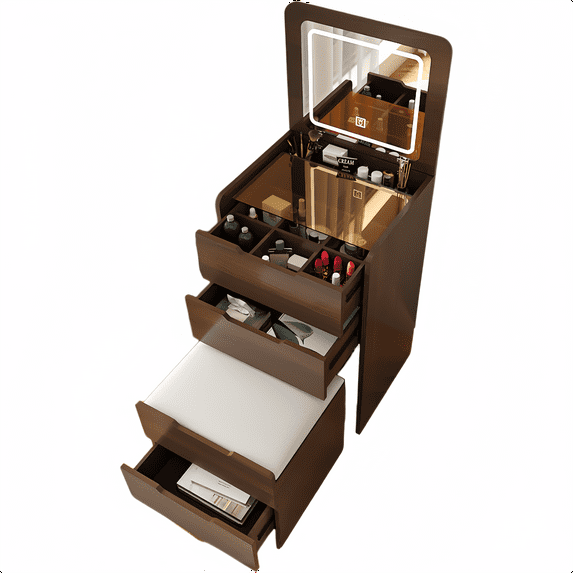 Miniyam Vanity Desk with Lighted Flip Mirror, Drawers & Stool, Makeup Table for Adults, Walnut