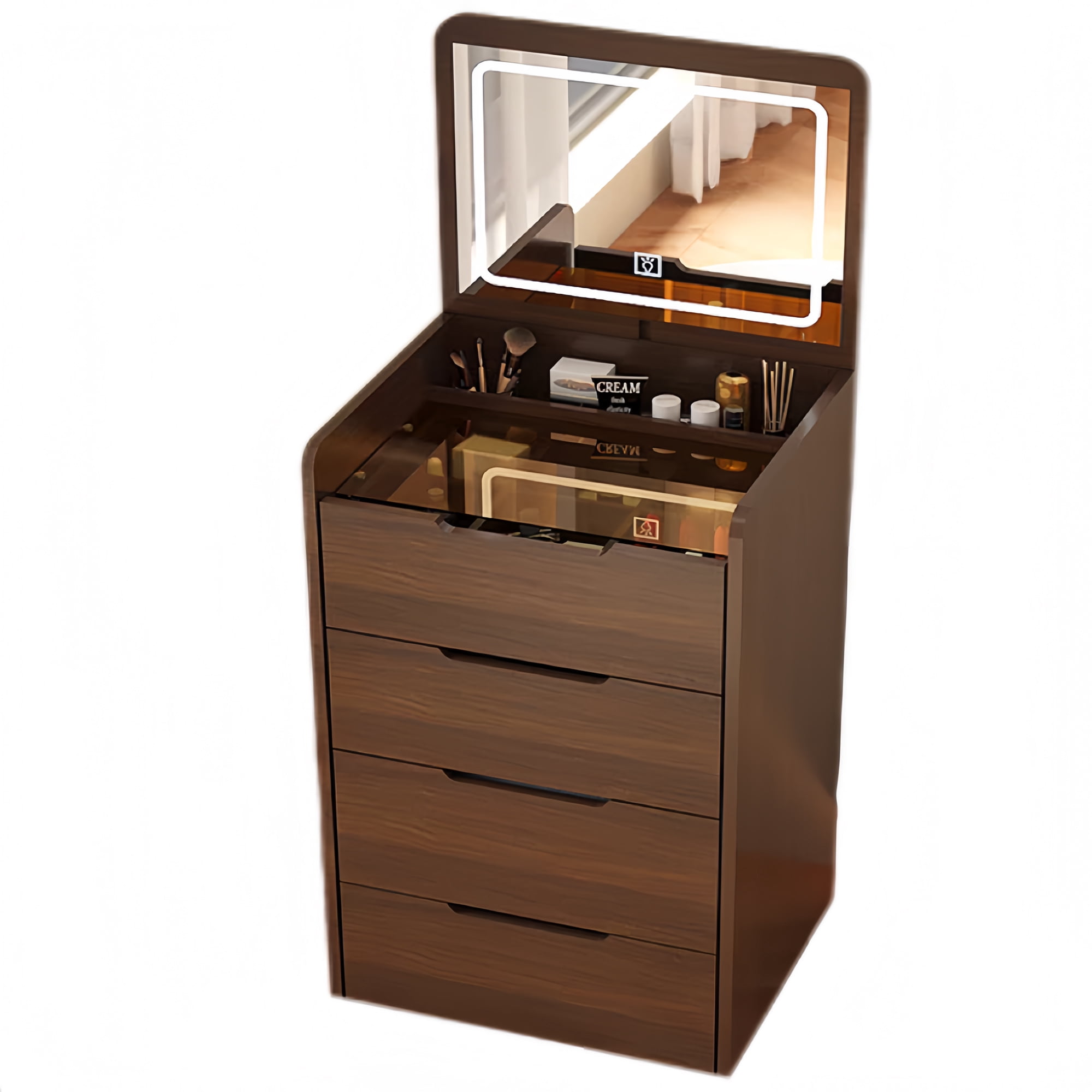 Miniyam Vanity Desk with Lighted Flip Mirror, Drawers and Storage Stool for Adults, Walnut