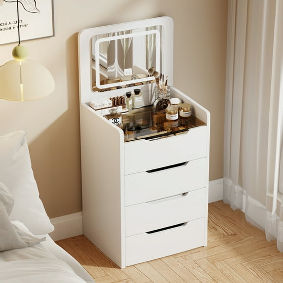 Miniyam Vanity Desk with Lighted Flip Mirror, Drawers and Storage Stool for Adults, White