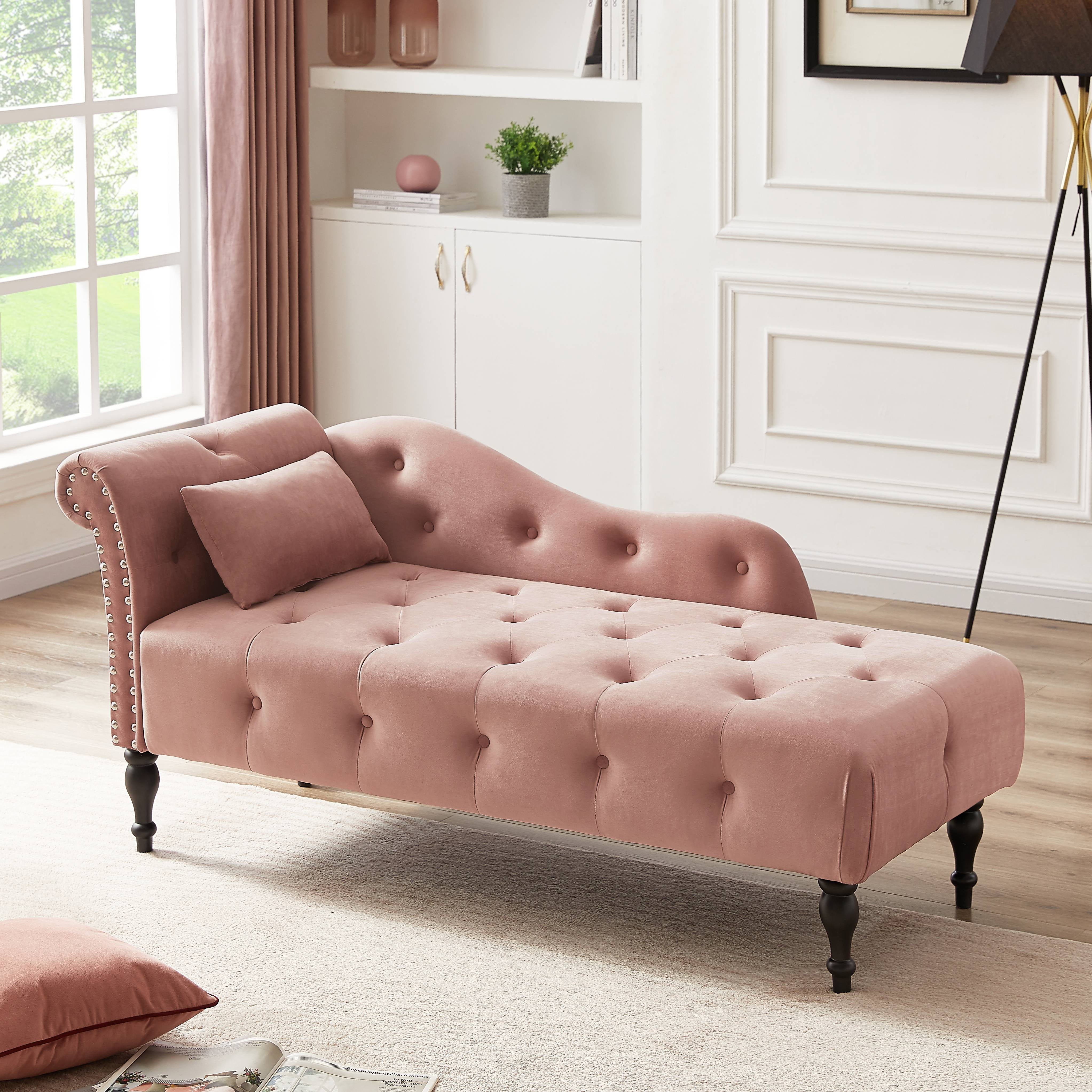 Miniyam Velvet Chaise Lounge Tufted Accent Chaise Chair with Pillow for Living Room Bedroom Pink