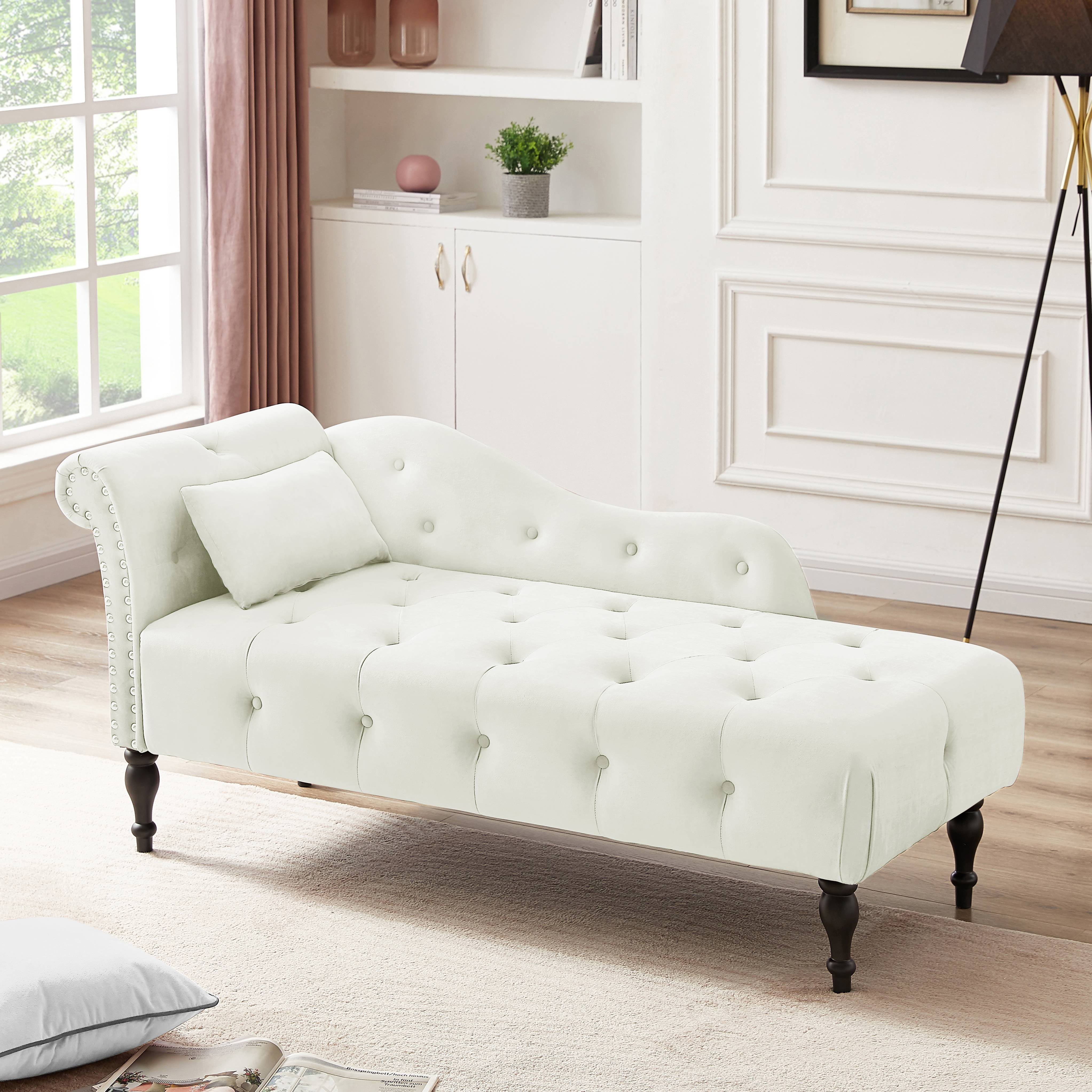 Miniyam Velvet Chaise Lounge, Tufted Accent Chaise Chair with Pillow for Living Room Bedroom, White