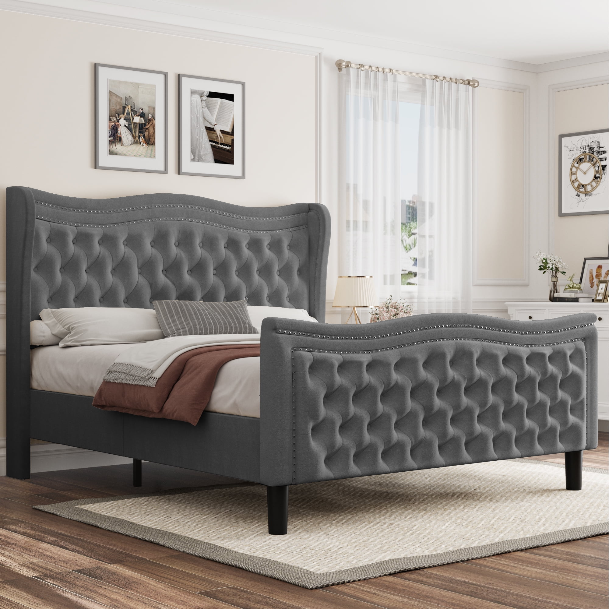 Miniyam Velvet Full Size Bed with Button-Tufted Wingback Headboard for Adult, Gray
