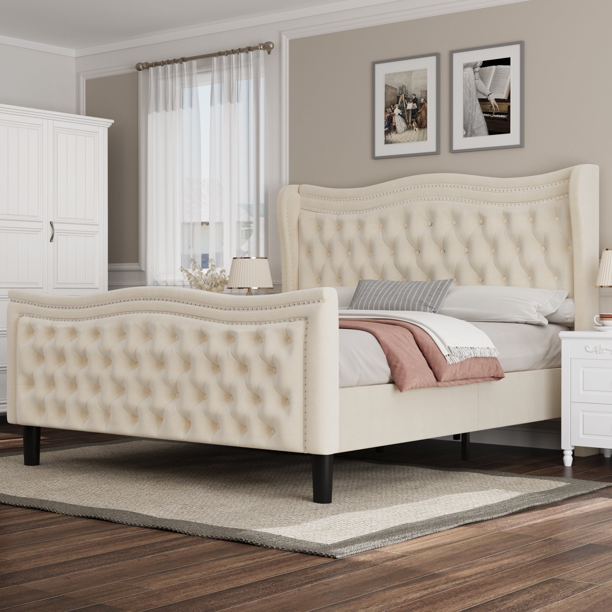 Miniyam Velvet Queen Size Bed with Button-Tufted Wingback Headboard for Adult, Beige