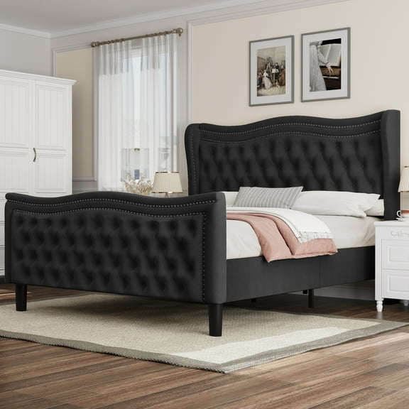Miniyam Velvet Queen Size Bed with Button-Tufted Wingback Headboard for Adult, Black