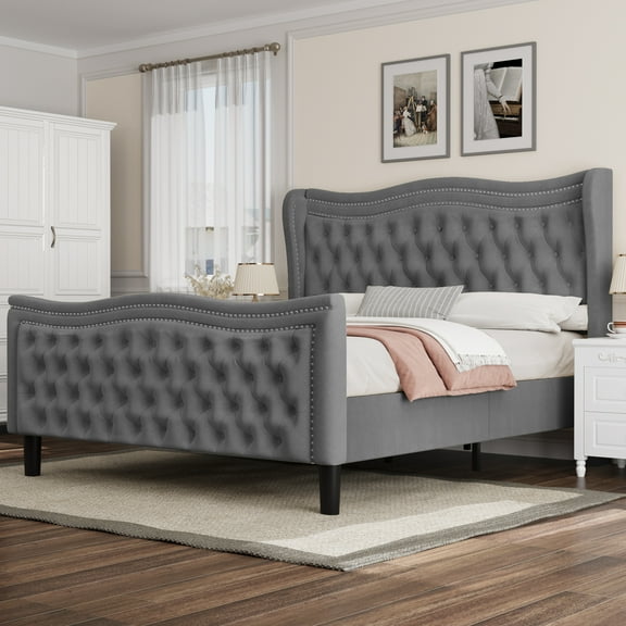 Miniyam Velvet Queen Size Bed with Button-Tufted Wingback Headboard for Adult, Gray