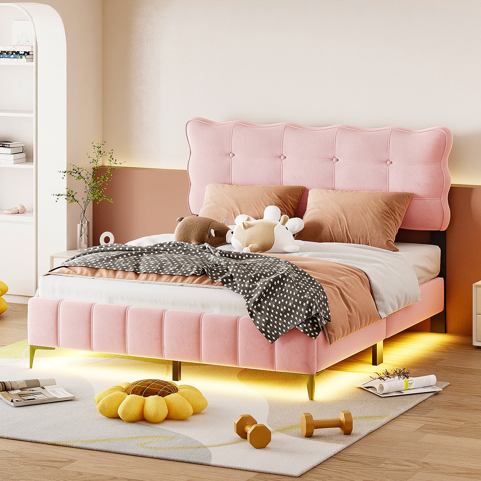 Miniyam Velvet Upholstered Platform Bed - LED Frame - Queen - Walmart.com