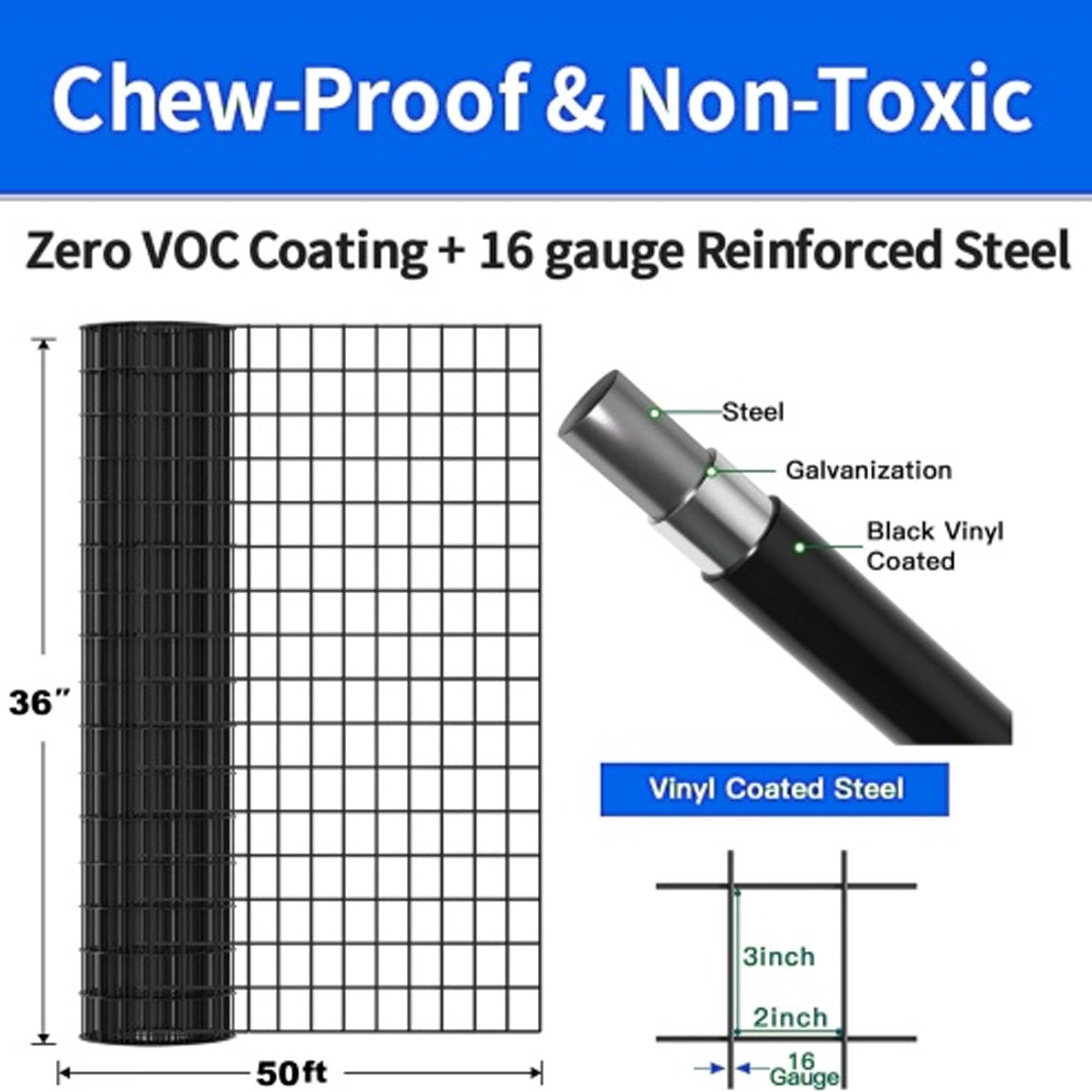 Miniyam Versatile Wire Mesh for Craft & Plant Support - Black Vinyl-Coated Welded, 16 Gauge with 2/3 Inch Openings, Great Value - 36 in x 50 ft