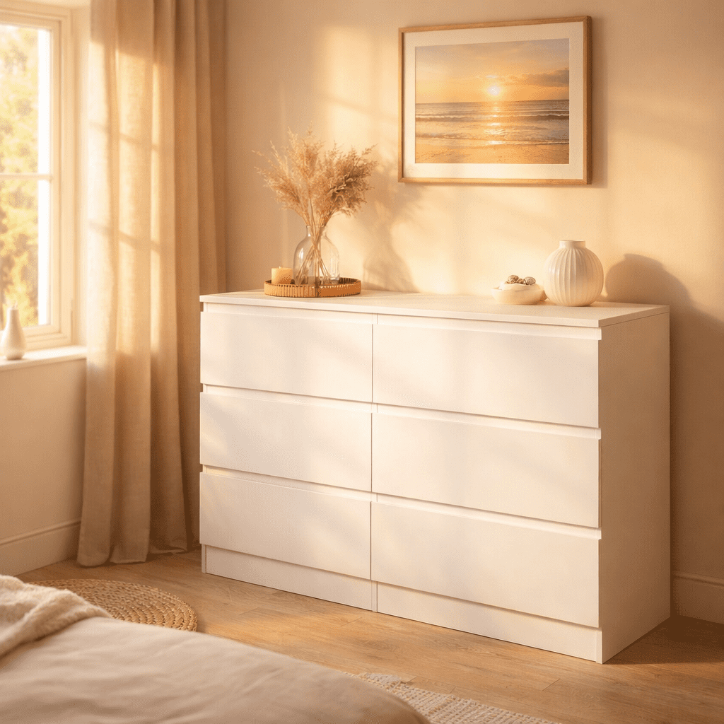 Miniyam White 6 Drawer Dresser for Bedroom, Wood Chest of Drawers Storage Cabinet with Hidden Pull Design for Living Room, Entryway, Hallway