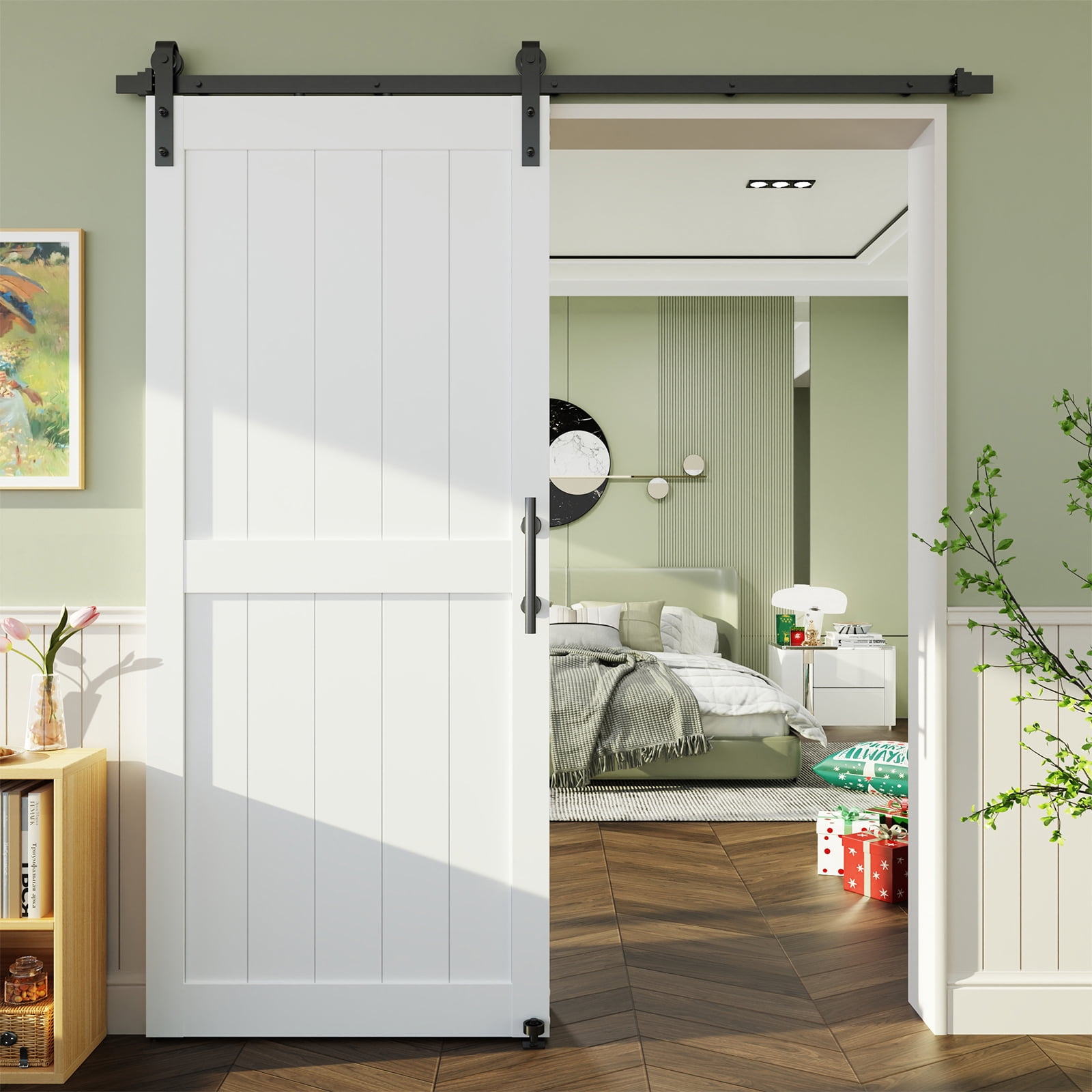 Miniyam White H-Shaped MDF Sliding Barn Door with Hardware and Handle, 34 in x 84 in