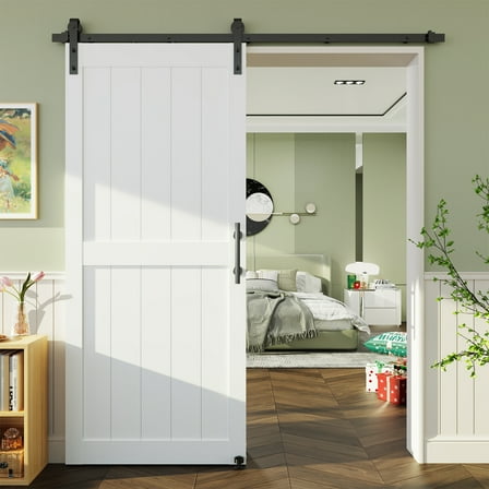 Miniyam White H-Shaped MDF Sliding Barn Door with Hardware and Handle, 36 in x 84 in