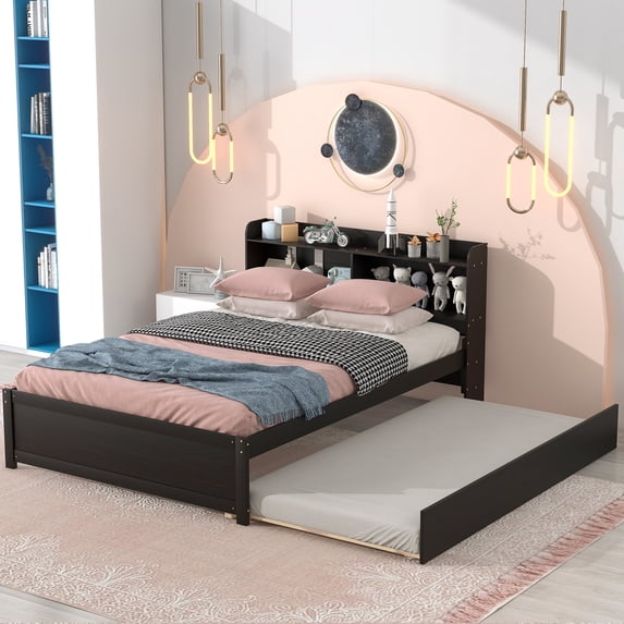 Miniyam Wood Full Size Bed Frame with Trundle & Bookcase Headboard for Kids and Teens, Espresso
