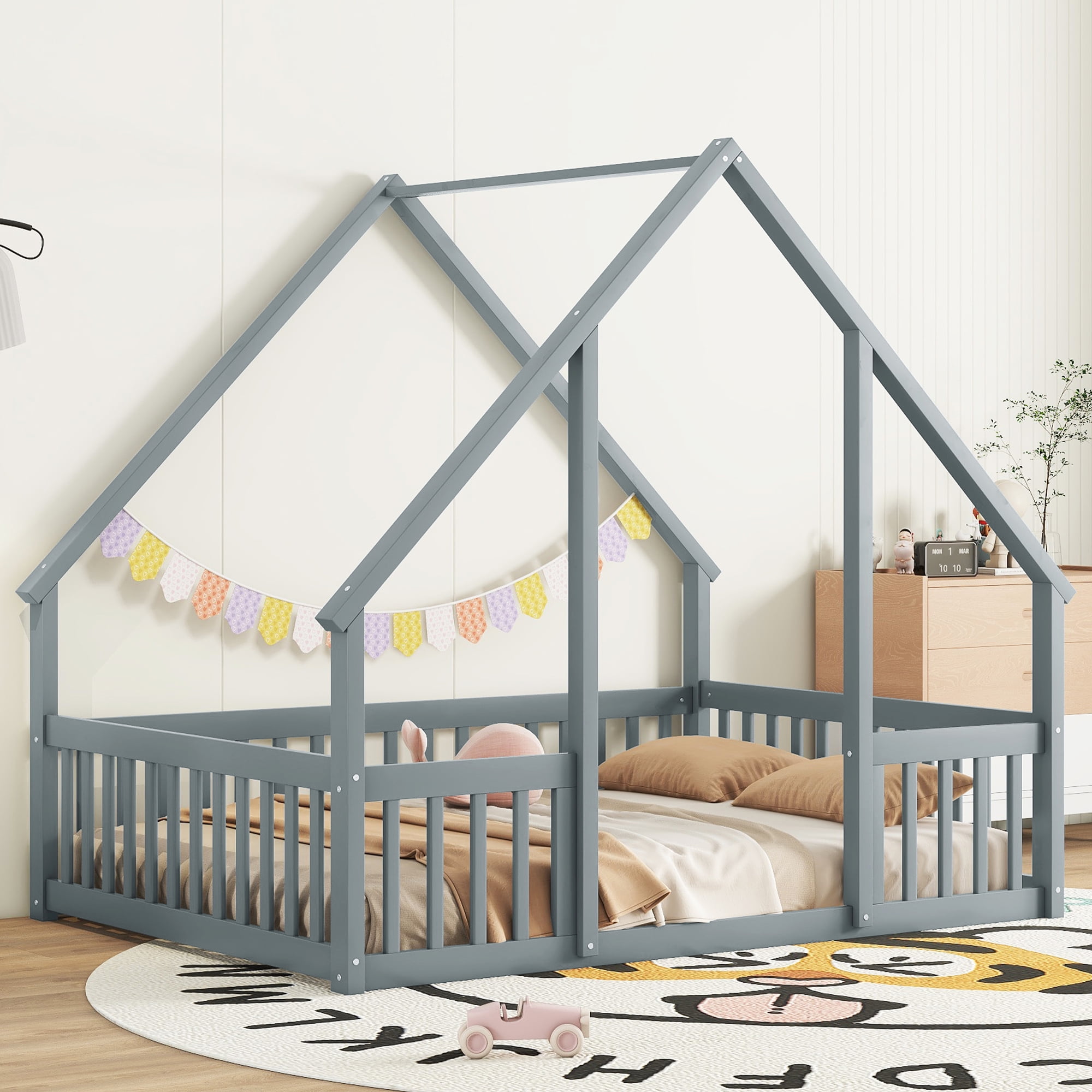 Miniyam Wood Full Size House-Shaped Floor Bed with Guardrails for Kids, Gray