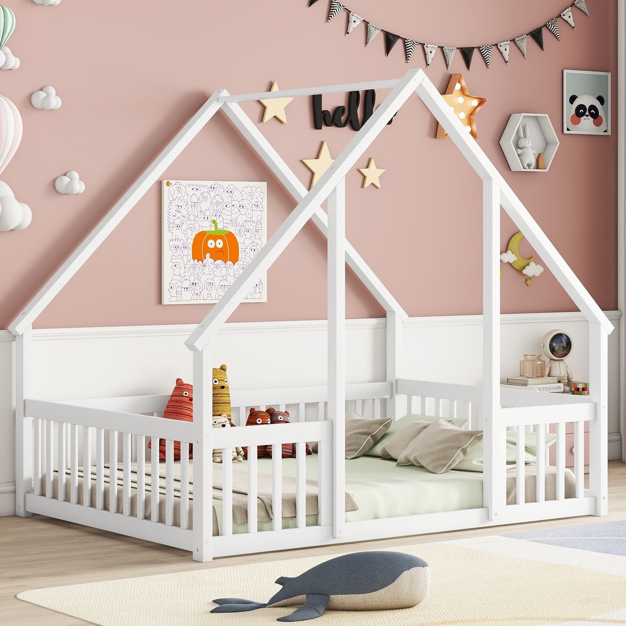 Miniyam Wood Full Size House-Shaped Floor Bed with Guardrails for Kids, White