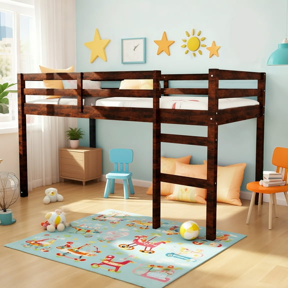 Miniyam Twin Loft Bed for Kids, Solid Wood Frame with Ladder and Guardrails, Space-Saving Design, Espresso